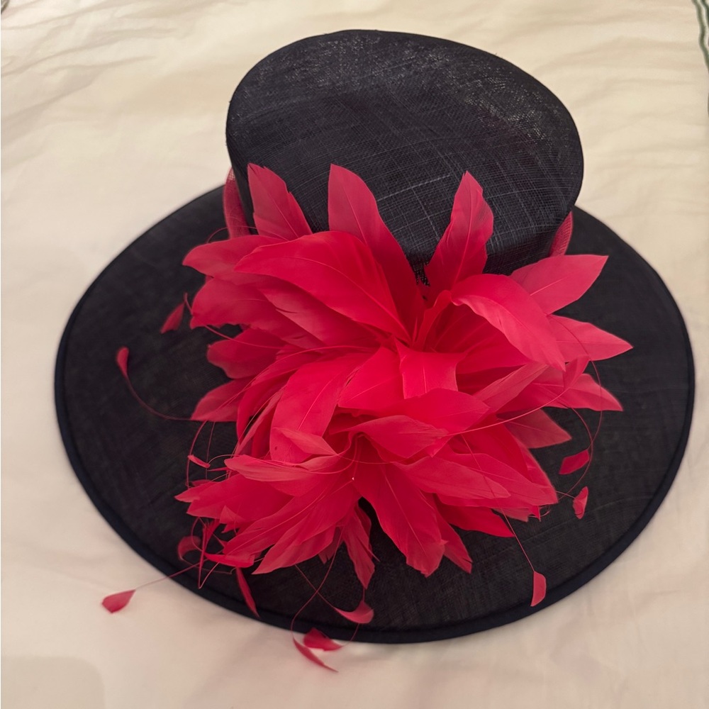 Navy & Fuchsia Derby Hat with Dramatic Flower – statement hat for outdoor events